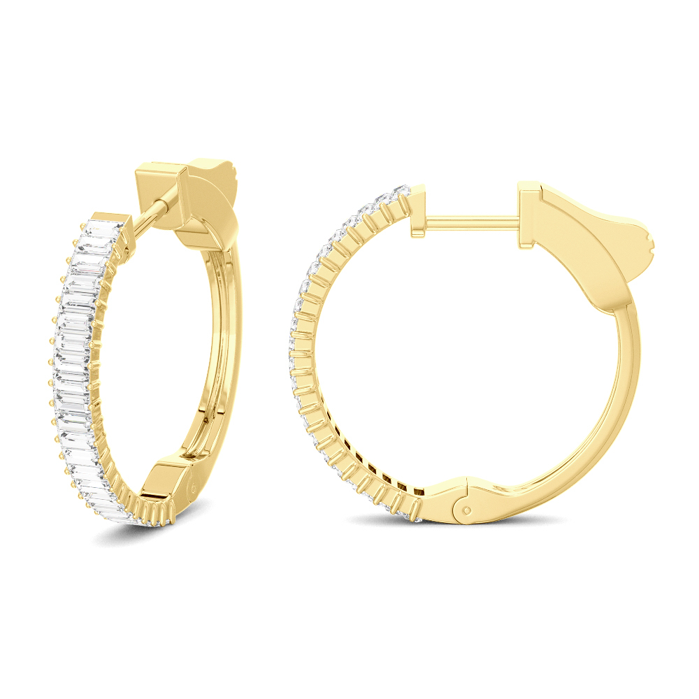 Yellow gold hoop earrings set with a row of baguette cut natural diamonds, shown side and front