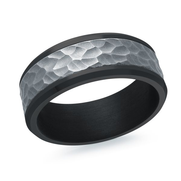 Hammered gray tantalum band with black edges, angled view