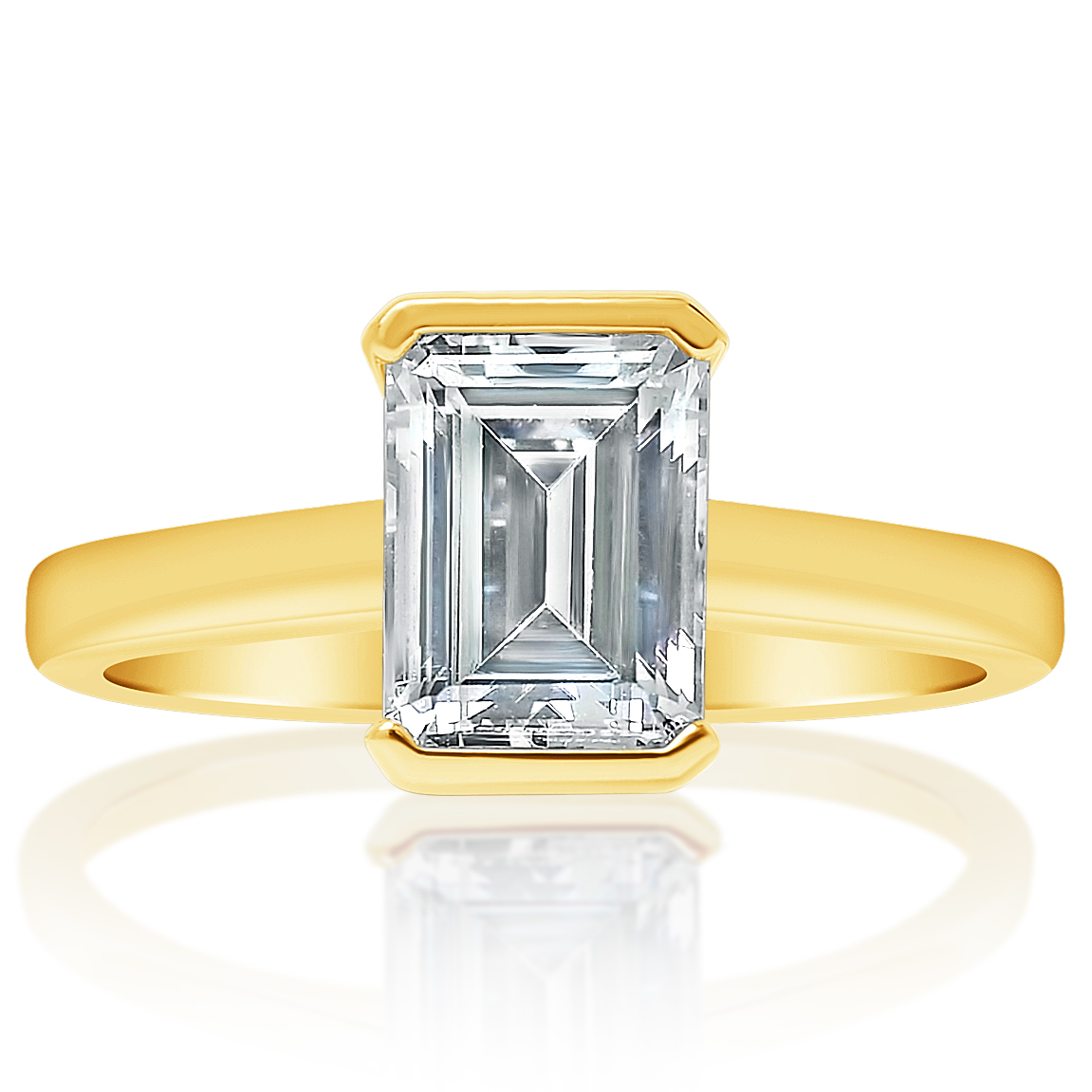 Emerald cut yellow gold half-bezel solitaire, front view